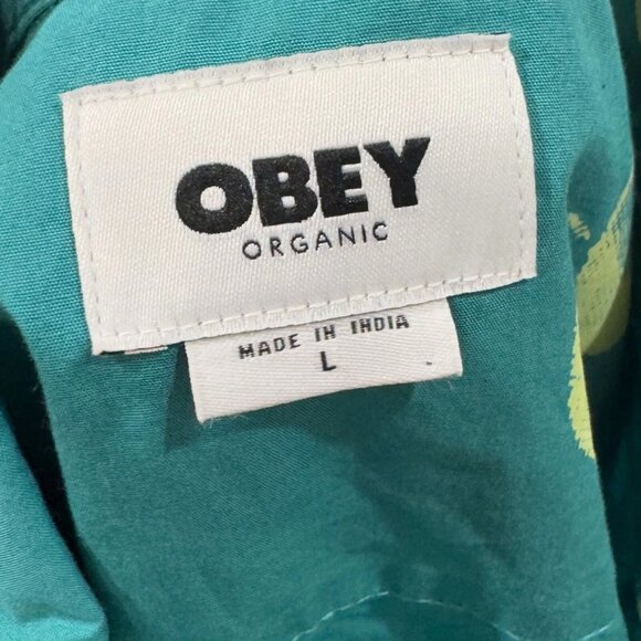 Obey 100% Organic Cotton Bubble Mens Turquoise Teal Blue Button Up Shirt L - Picture 10 of 11